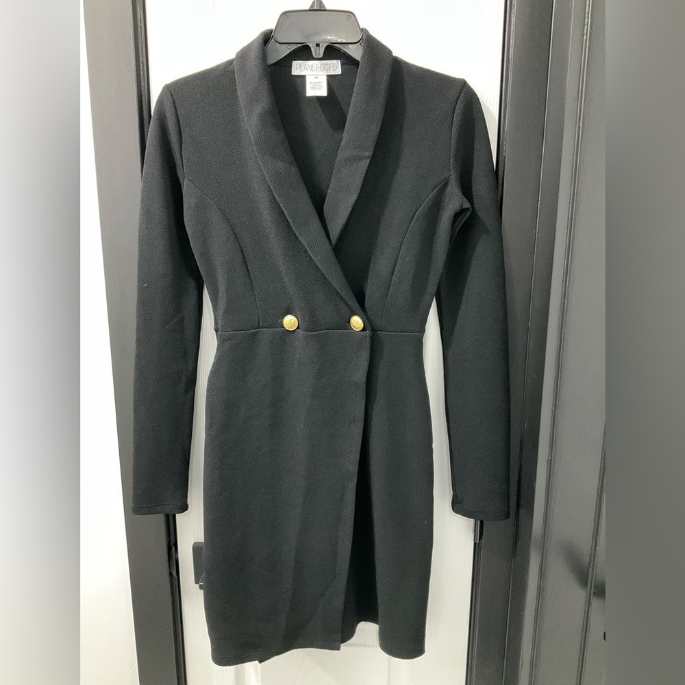 Women’s Black Wrap Style Blazer Style Dress With Gold Buttons Size XS